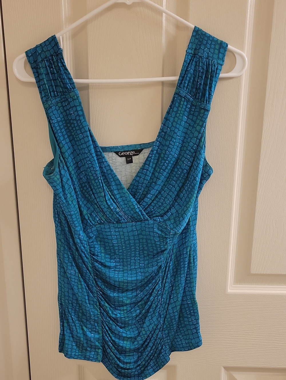 George Teal Blue Patterned Sleeveless Ruched Top